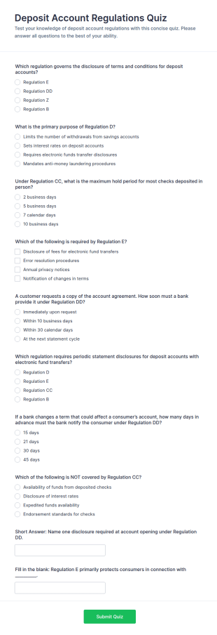 Deposit Account Regulations Quiz Form Template