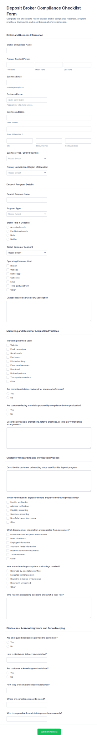 Deposit Broker Compliance Checklist Form Template