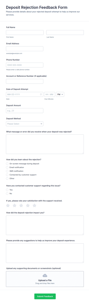 Deposit Rejection Feedback Form Template