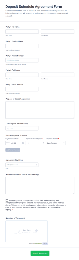 Deposit Schedule Agreement Form Template