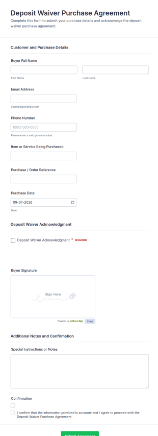 Deposit Waiver Purchase Agreement Form Template