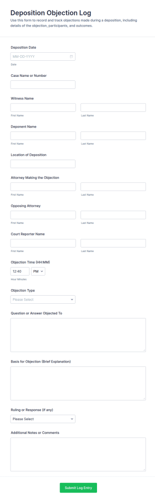 Deposition Objection Log Form Template