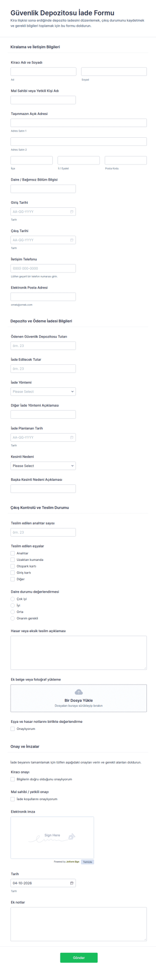 Depozito İadesi Onay Form Şablonu