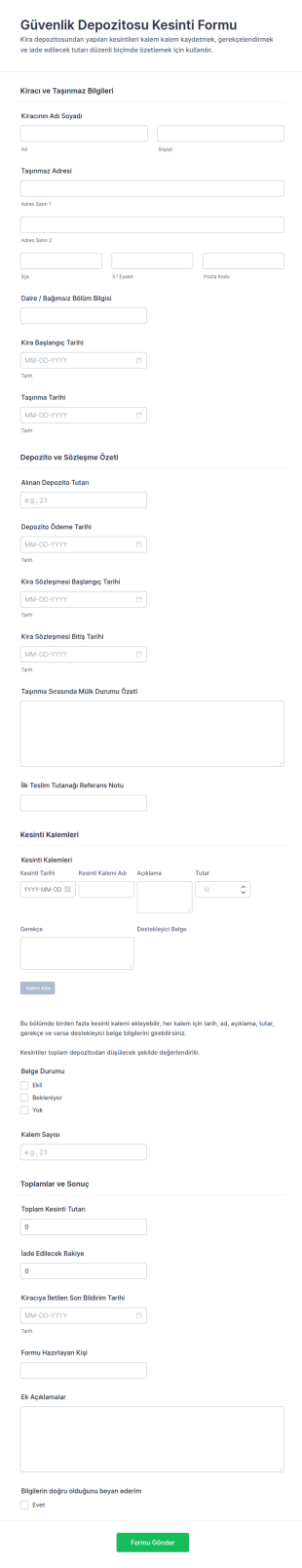 Depozito Kesinti Detayları Form Şablonu