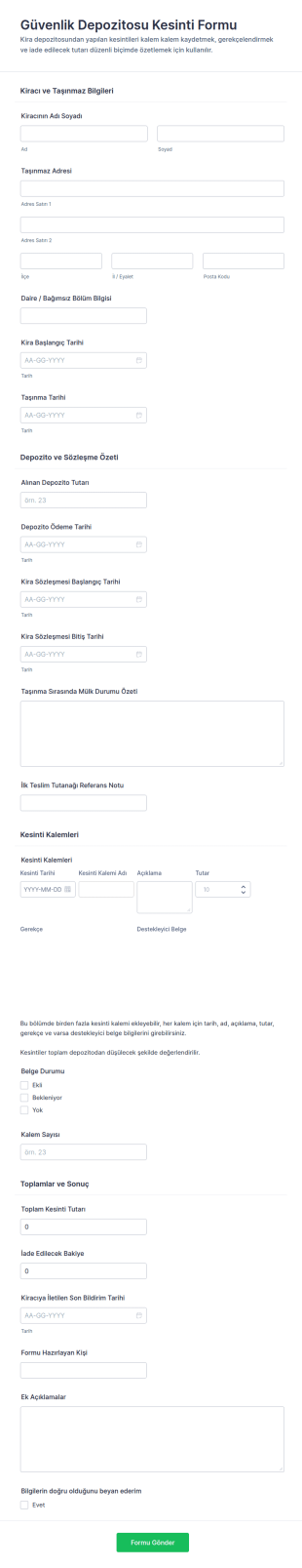 Depozito Kesinti Detayları Form Şablonu