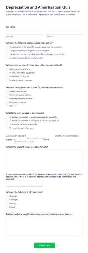 Depreciation And Amortisation Quiz Form Template