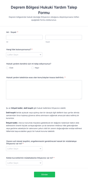 Deprem Bölgesi Hukuki Yardım Talep Form Şablonu