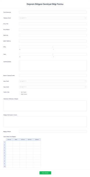 Deprem Bölgesi Sevkiyat Bilgi Form Template