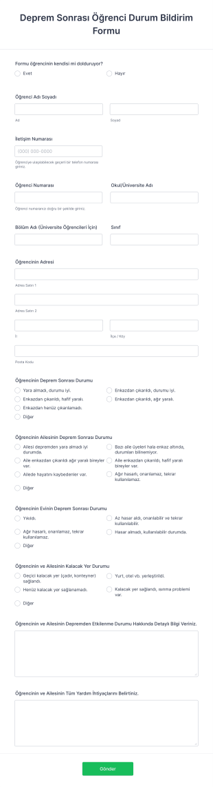 Deprem Sonrası Öğrenci Durum Bildirim Form Template