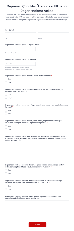 Depremin Çocuklar Üzerindeki Etkilerini Değerlendirme Anketi Form Template