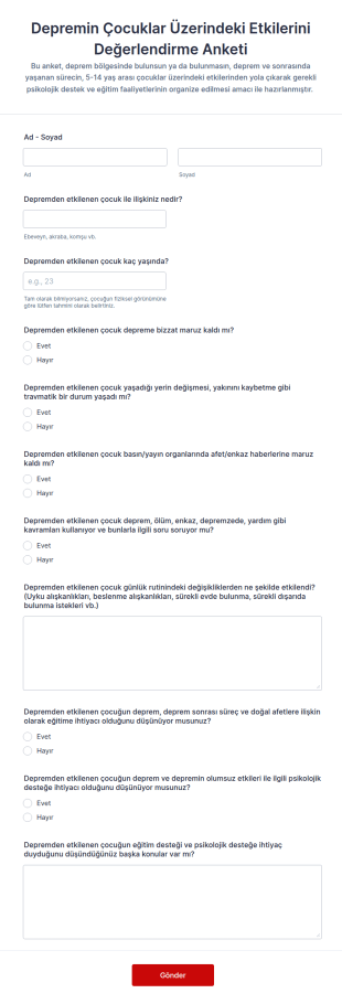 Depremin Çocuklar Üzerindeki Etkilerini Değerlendirme Anketi Form Şablonu