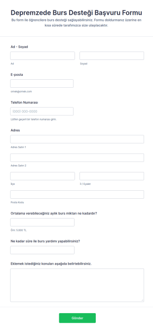 Depremzede Burs Desteği Başvuru Form Şablonu