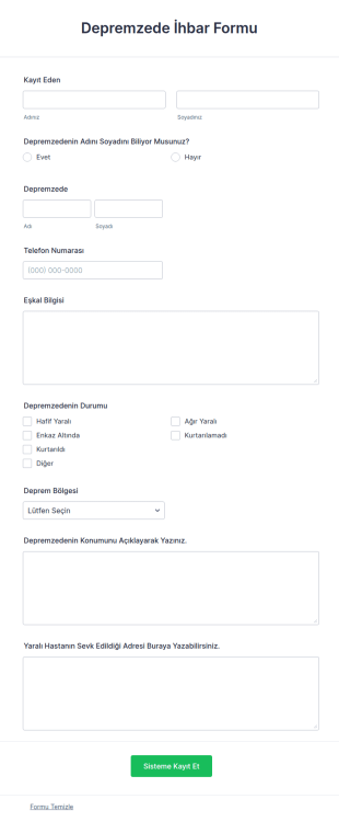 Depremzede İhbar Form Şablonu