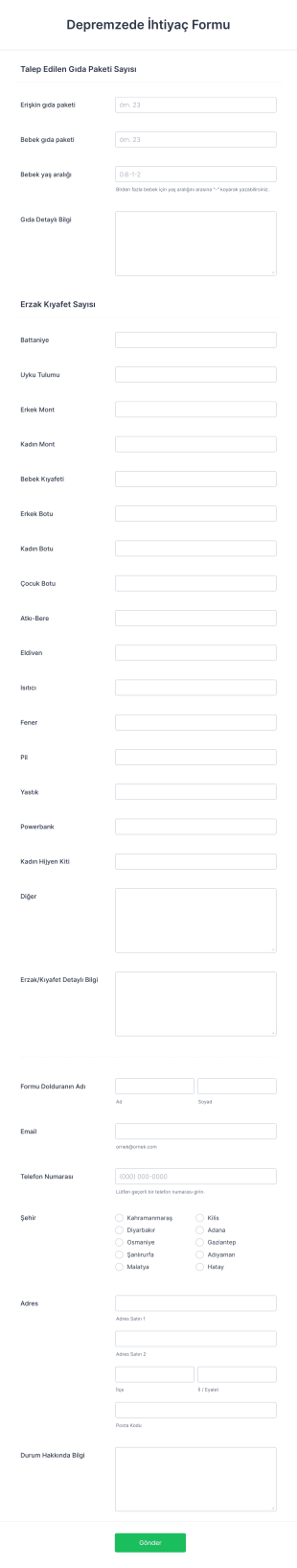Depremzede İhtiyaç Form Template