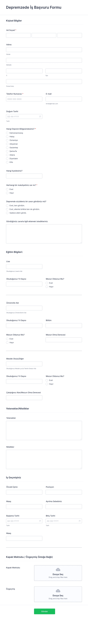 Depremzede İş Başvuru Form Template
