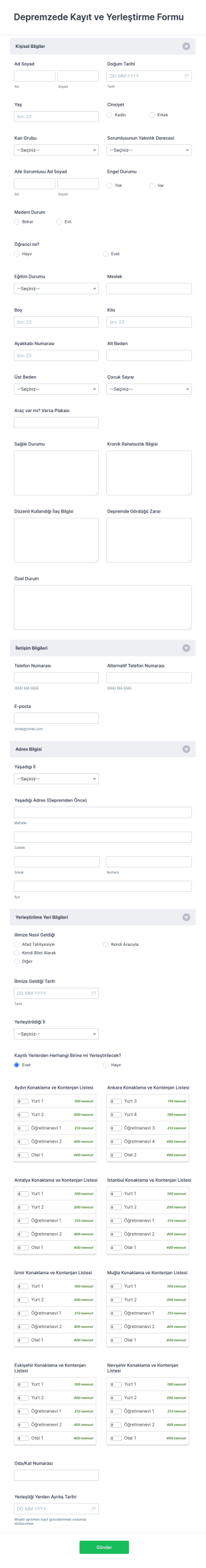 Depremzede Kayıt Ve Yerleştirme Form Şablonu