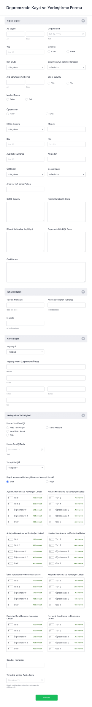 Depremzede Kayıt Ve Yerleştirme Form Şablonu