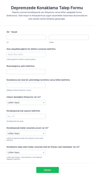 Depremzede Konaklama Talep Formu Örneği Form Şablonu