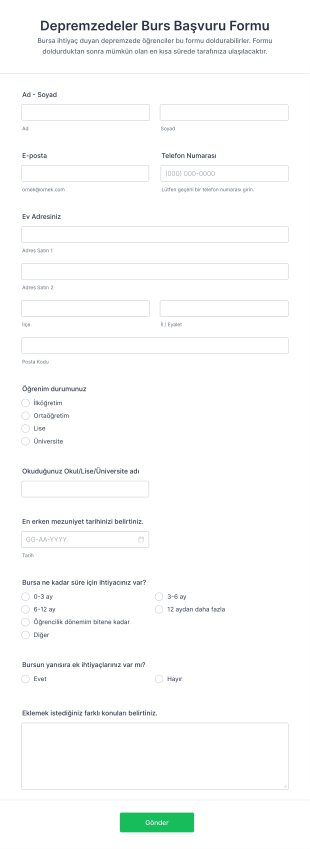 Depremzedeler Burs Başvuru Form Template