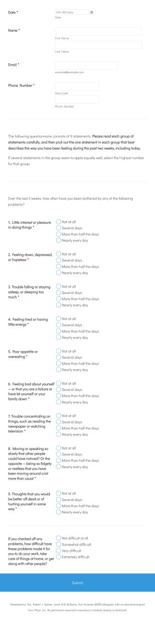 Depression Assessment Form Template