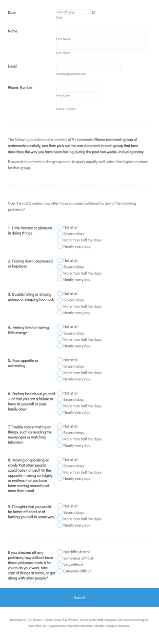 Depression Assessment Form Template