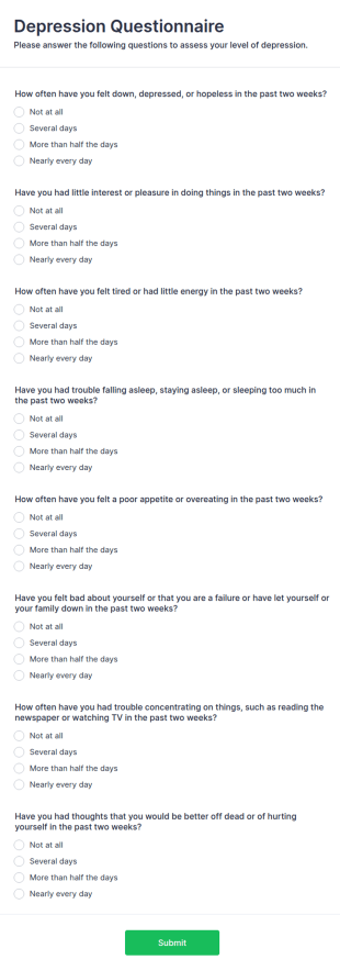Depression Questionnaire Form Template