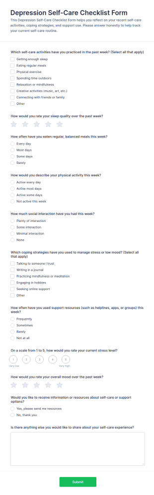 Depression Self Care Checklist Form Template