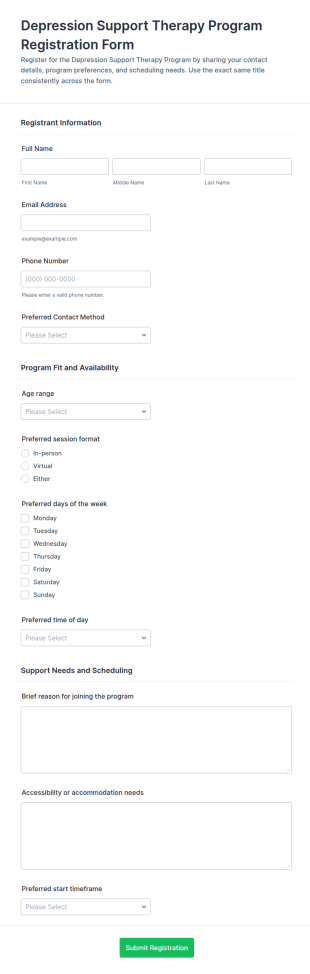 Depression Support Therapy Program Registration Form Template