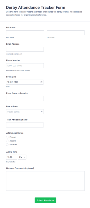 Derby Attendance Tracker Form Template