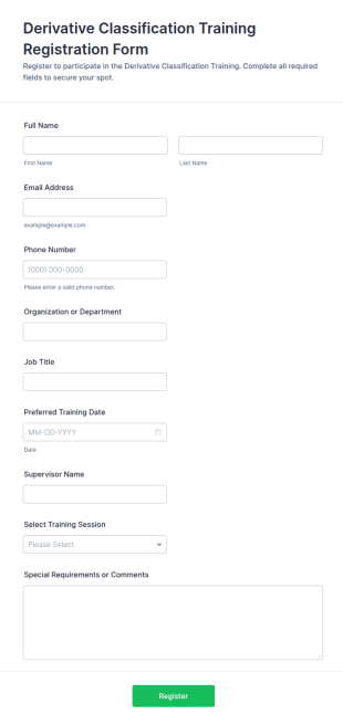 Derivative Classification Training Registration Form Template