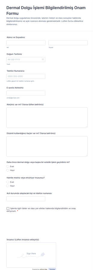 Dermal Dolgu İşlemi Bilgilendirilmiş Onam Form Şablonu