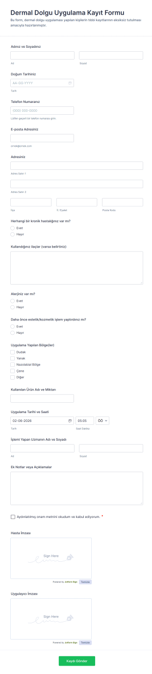 Dermal Dolgu Uygulama Kayıt Form Şablonu