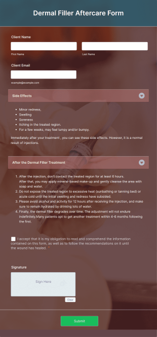 Dermal Filler Aftercare Form Template