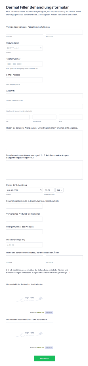 Dermal Filler Behandlungsformular
