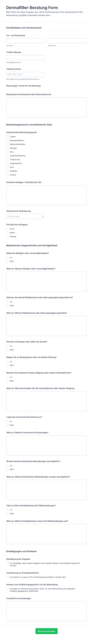 Dermal Filler Beratung Formular