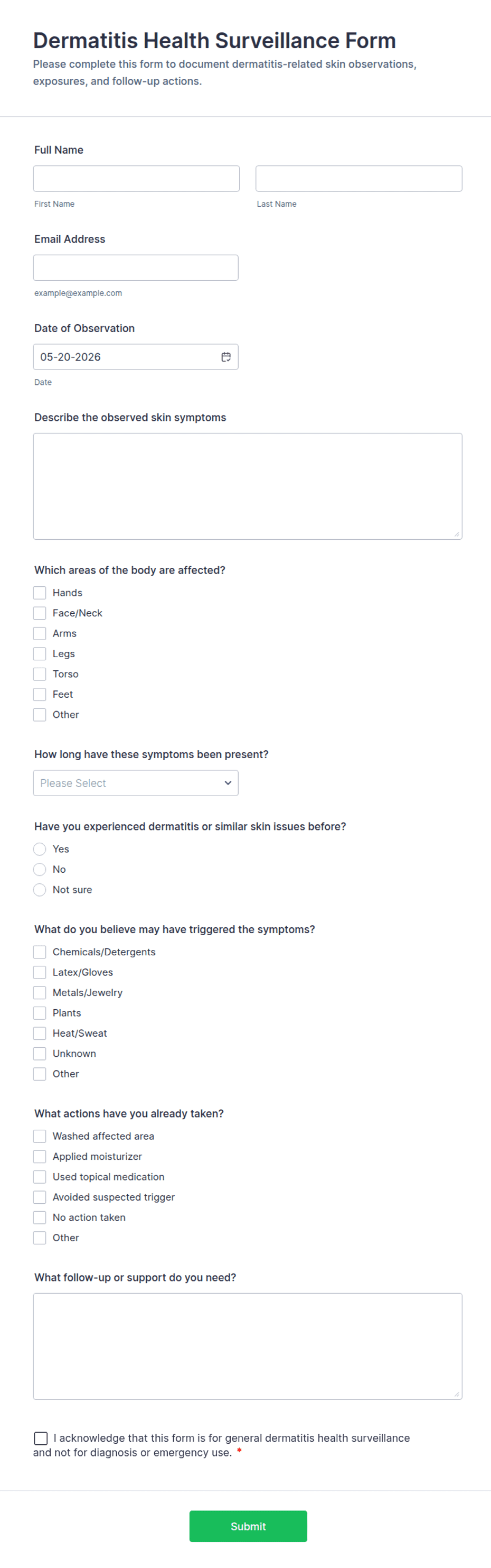Dermatitis Health Surveillance Form Template | Jotform