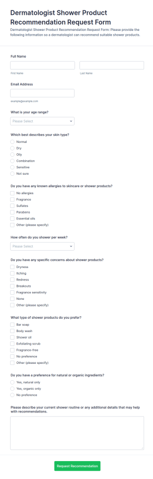 Dermatologist Shower Product Recommendation Request Form Template