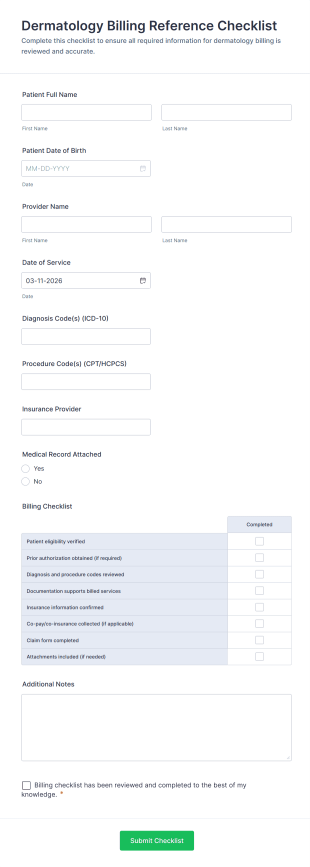 Dermatology Billing Reference Checklist Form Template