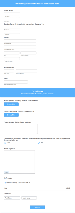 Dermatology Telehealth Medical Examination Form Template