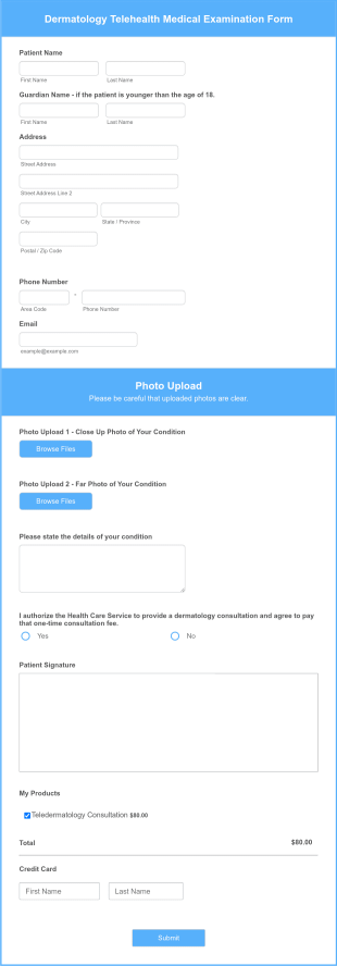 Dermatology Telehealth Medical Examination Form Template