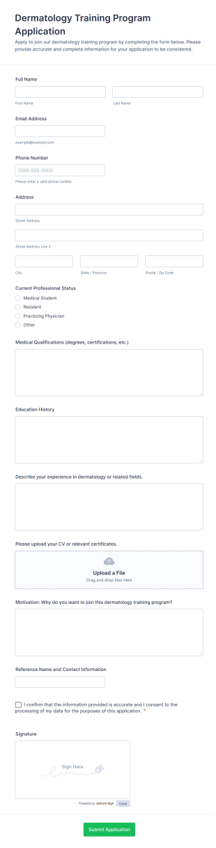 Dermatology Training Program Application Form Template