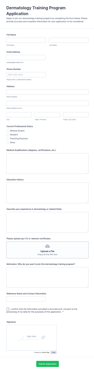 Dermatology Training Program Application Form Template