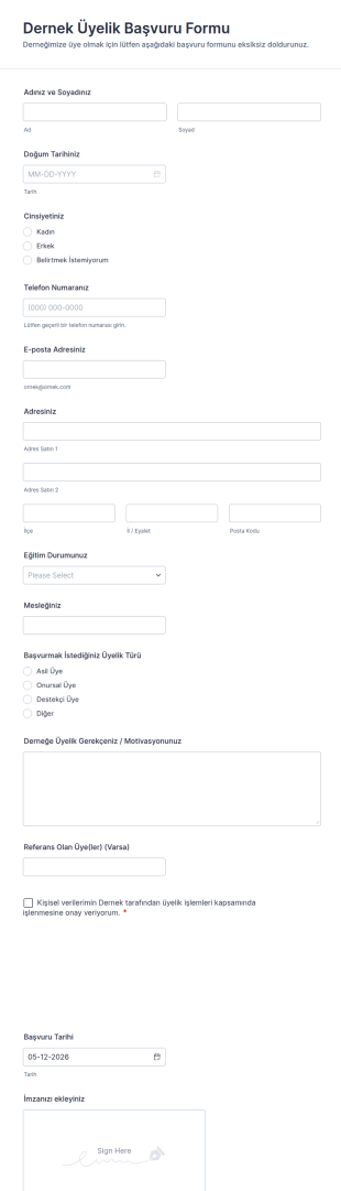 Dernek Üyelik Başvuru Form Şablonu