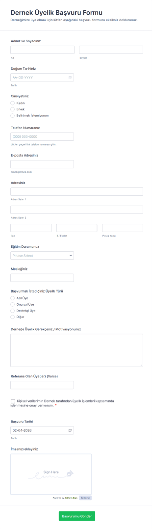Dernek Üyelik Başvuru Form Şablonu