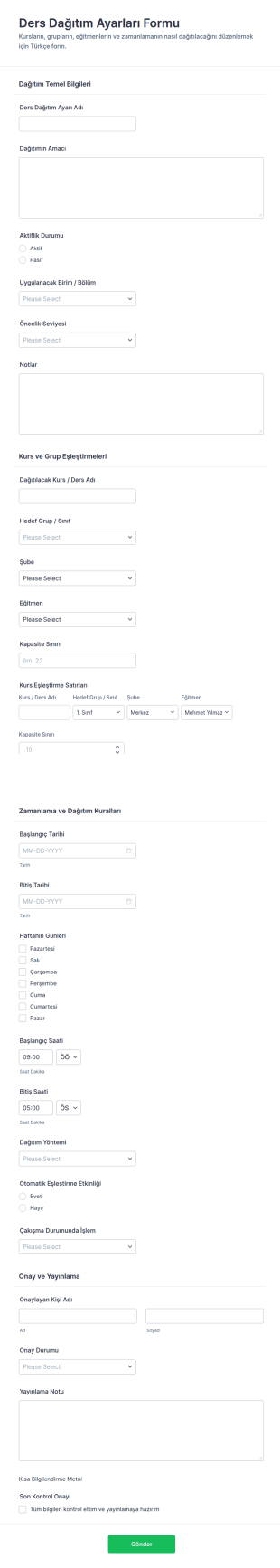 Ders Dağıtım Ayarları Form Şablonu