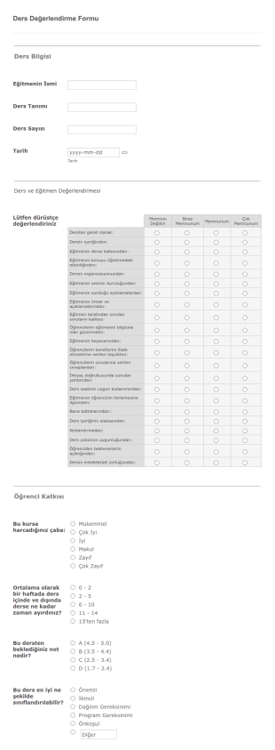 Ders Değerlendirme Form Şablonu