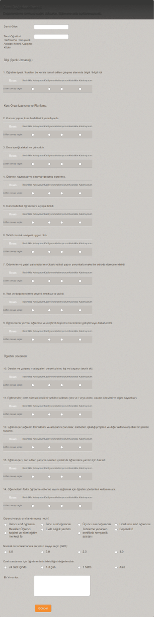 Ders Değerlendirme Form Şablonu