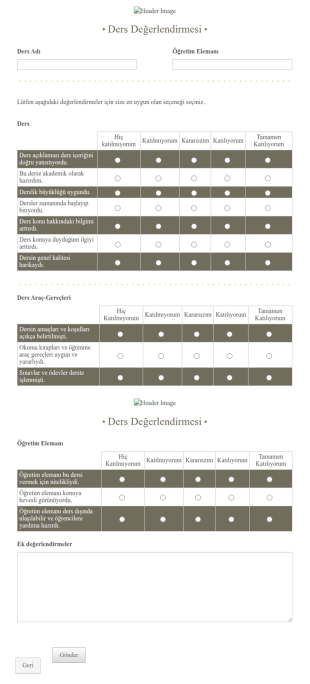 Ders Değerlendirmesi Form Şablonu