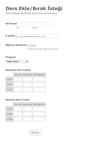 Ders Ekleme Bırakma İstek Form Template