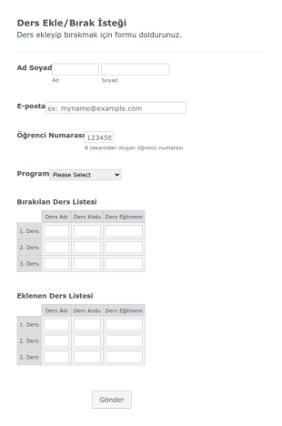 Ders Ekleme Bırakma İstek Form Şablonu
